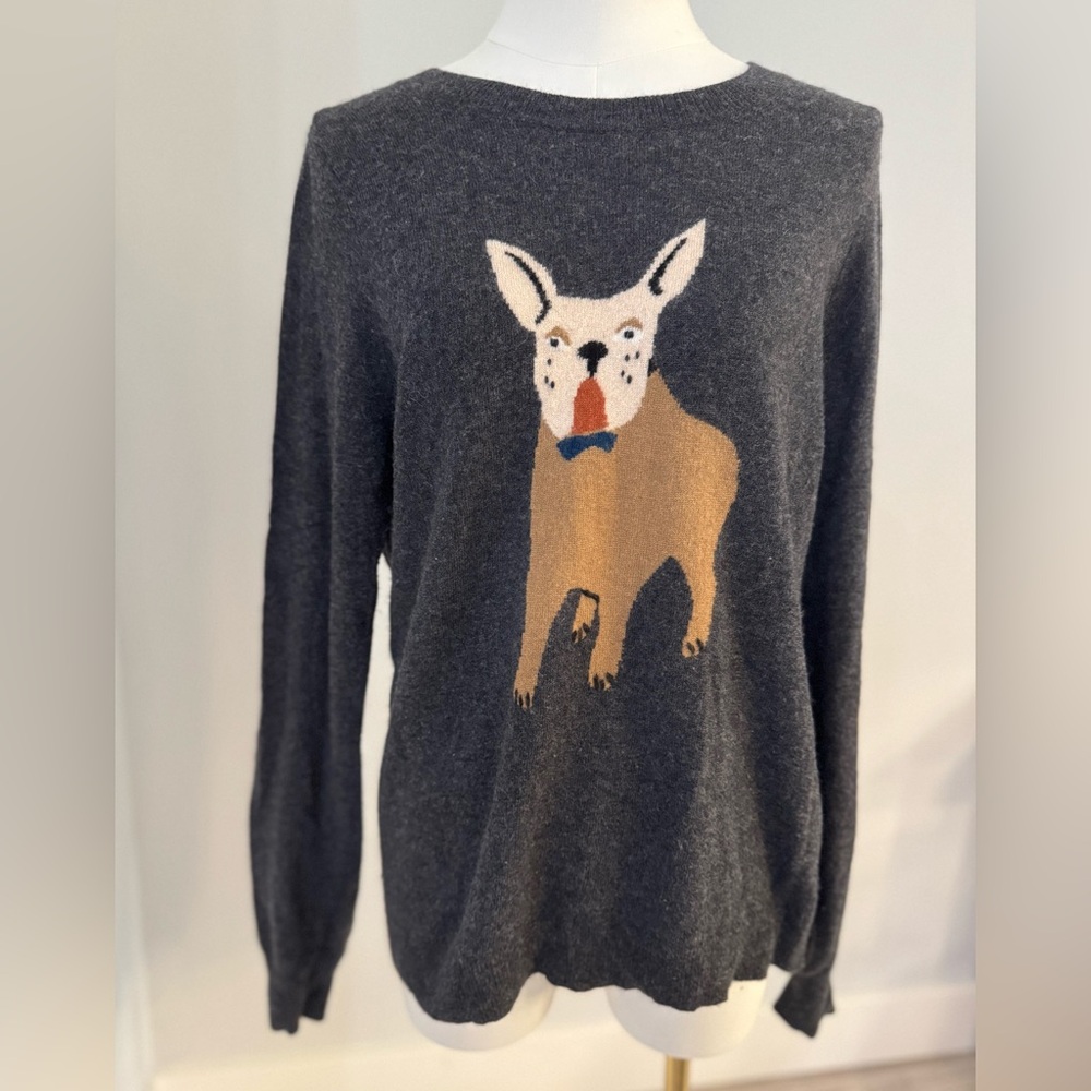 J. Crew Gray and Tan Crew Neck Sweater with French Bulldog Design - Picture 2 of 5